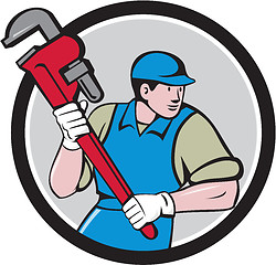 Image showing Plumber Running Monkey Wrench Circle Cartoon