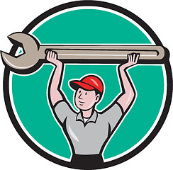 Image showing Mechanic Lifting Wrench Circle Cartoon