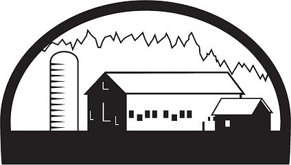 Image showing Farm Barn House Silo Black and White