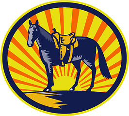 Image showing Horse Western Saddle Oval Woodcut
