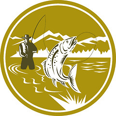 Image showing Fly Fisherman Reeling Trout Circle Retro