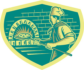 Image showing Pizza Maker Holding Peel Crest Woodcut