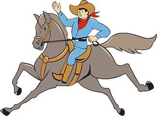 Image showing Cowboy Riding Horse Waving Cartoon