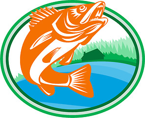 Image showing Walleye Fish Lake Cabin Oval Retro