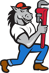 Image showing Horse Plumber Kneeling Monkey Wrench Cartoon