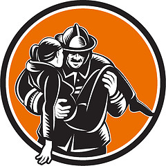 Image showing Fireman Firefighter Saving Girl Circle Woodcut