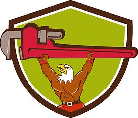 Image showing Bald Eagle Plumber Monkey Wrench Shield Cartoon