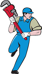 Image showing Plumber Running Monkey Wrench Cartoon