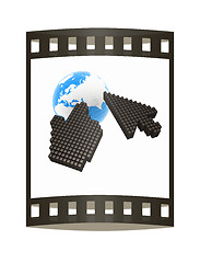 Image showing Link selection computer mouse cursor and Earth - Glodal internet concept on white background. The film strip