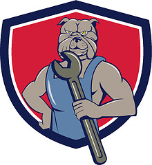 Image showing Bulldog Mechanic Holding Wrench Shield Cartoon