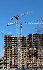 Image showing  tower cranes on construction site