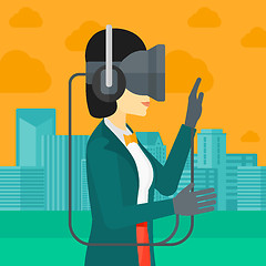 Image showing Woman wearing virtual reality headset.