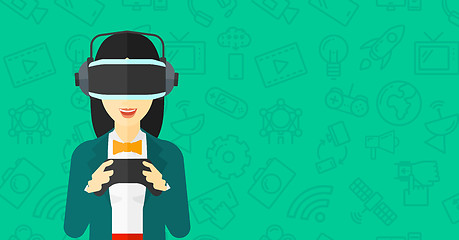 Image showing Woman wearing virtual reality headset.