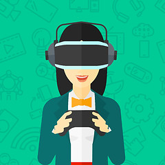 Image showing Woman wearing virtual reality headset.