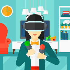 Image showing Woman wearing virtual reality headset.