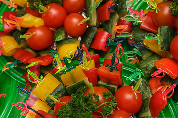 Image showing canapes of tomato, cucumber and sweet pepper