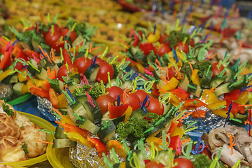 Image showing canapes of tomato, cucumber and sweet pepper