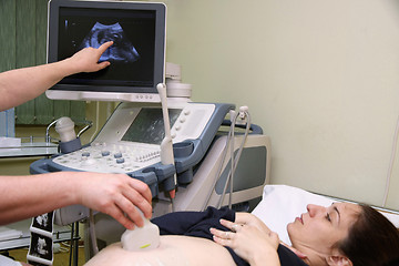 Image showing Pregnant woman and doctor hand\'s with ultrasound equipment durin