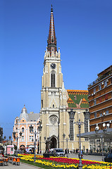 Image showing NOVI SAD, SERBIA - APRIL 03: View on Catholic Cathedral from str