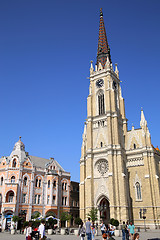 Image showing NOVI SAD, SERBIA - APRIL 03: View on Catholic Cathedral from Lib