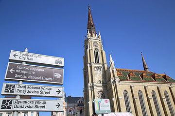 Image showing NOVI SAD, SERBIA - APRIL 03: Catholic Cathedral and Tourist sign