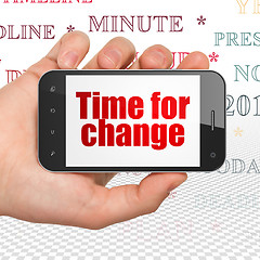 Image showing Timeline concept: Hand Holding Smartphone with Time for Change on display