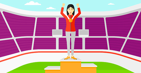 Image showing Athlete with medal and hands raised.