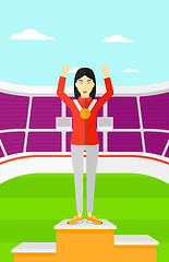 Image showing Athlete with medal and hands raised.