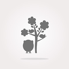 Image showing vector button with owl and tree, isolated on white. Web Icon Art. Graphic Icon Drawing