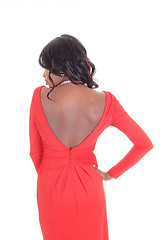 Image showing African American woman red dress from back.