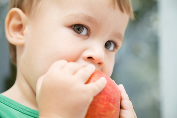 Image showing Portrait of a cute little boy biting apple