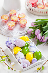 Image showing Easter place setting with painted eggs