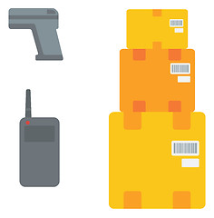 Image showing Cardboard boxes, barcode scanner and radio set.