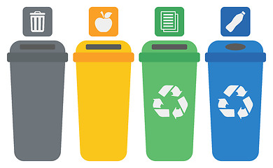 Image showing Four colored recycling bins.