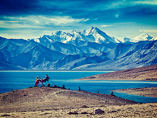 Image showing Buddhist prayer flags lungta at Himalayan lake Tso Moriri