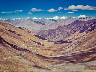 Image showing Karakoram Range and road in valley, Ladakh, India