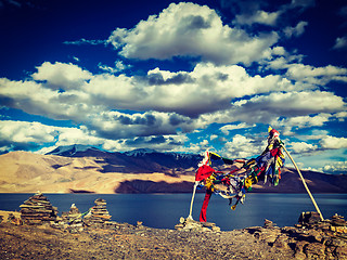 Image showing Buddhist prayer flags lungta at Himalayan lake Tso Moriri