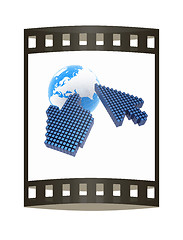 Image showing Link selection computer mouse cursor and Earth - Glodal internet concept on white background. The film strip