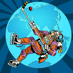 Image showing Astronaut plays hockey over planet Earth