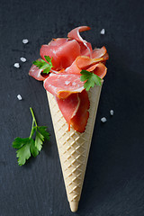 Image showing Raw Bacon in ice cream cone