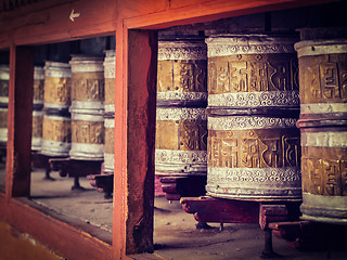 Image showing Buddhist prayer wheels in Hemis monstery. Ladakh, India
