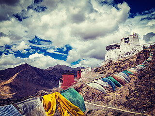 Image showing Leh gompa and lungta prayer flags. Leh, Ladakh, India