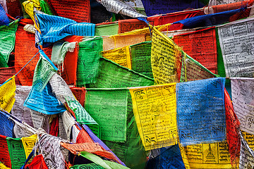 Image showing Buddhist prayer flags lungta with prayers, Ladakh