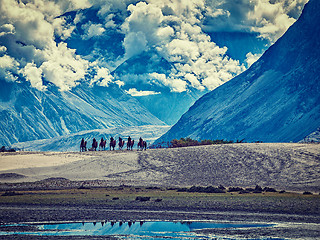 Image showing Tourists riding camels in Nubra valley in Himalayas, Ladakh