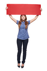 Image showing Woman holding red blank cardboard