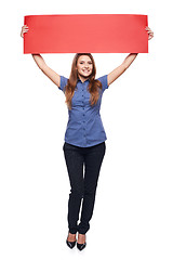 Image showing Woman holding red blank cardboard