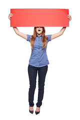 Image showing Woman holding red blank cardboard