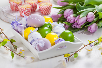 Image showing Easter place setting with painted eggs