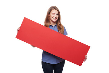Image showing Woman holding red blank cardboard
