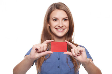 Image showing Confident business woman in glasses showing blank credit card